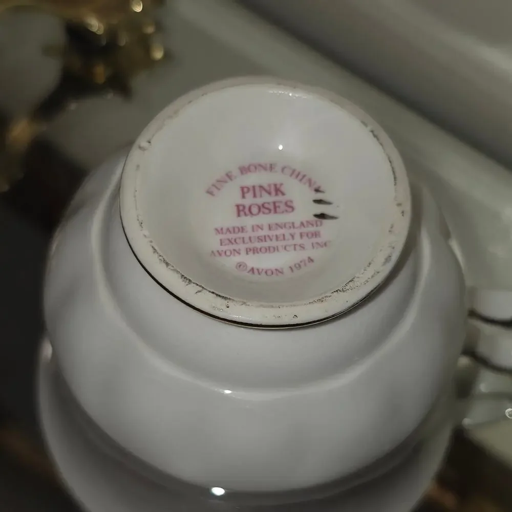 Vintage Avon Pink Roses Fine Bone China Teacup England Gold Trim Floral Cup